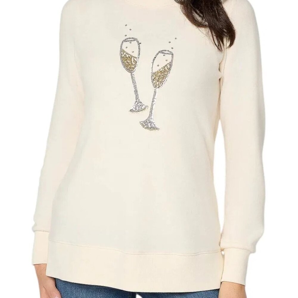 Kim Gravel Jingle Belles Women's Champagne Glasses Soft Pullover Sz L Top NWOT